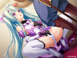 1boy 1girl ahoge amakubo_yuri black_gloves boots breasts censored covered_erect_nipples detached_sleeves exs-tia_flora female_masturbation fingering gloves grabbing_own_breast hair_ornament hetero inoino knee_boots kouyoku_senki_exs-tia long_hair magical_girl masturbation masturbation_through_clothes miniskirt mosaic_censoring nipple_stimulation nipple_tweak nipples official_art one_breast_out open_mouth panties pants penis purple_eyes purple_skirt shirt skirt small_breasts spread_legs squatting thigh_boots thighhighs twintails underwear very_long_hair white_panties white_thighhighs