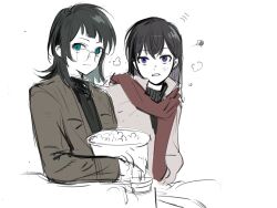 2girls bang_dream! bang_dream!_it&#039;s_mygo!!!!! bespectacled black_hair black_sweater blue_eyes blush brown_jacket closed_mouth commentary cracy_logan food glasses grey_jacket highres jacket long_hair mole mole_under_eye multiple_girls open_mouth popcorn purple_eyes red_scarf scarf shiina_taki sitting squiggle sweater white_background yahata_umiri