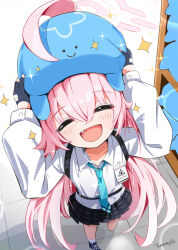1girl absurdres ahoge black_shoes black_skirt blue_archive blue_eyes blue_necktie blush cat collared_shirt crossed_bangs full_body hair_between_eyes halo highres hoshino_(blue_archive) huge_ahoge id_card long_hair long_sleeves miniskirt necktie open_mouth pillow pink_hair pink_halo plaid_clothes plaid_skirt pleated_skirt puffy_long_sleeves puffy_sleeves school_uniform shirt shoes simple_background skirt smile socks solo sparkle straight_hair thomason366 very_long_hair white_shirt white_socks yellow_eyes