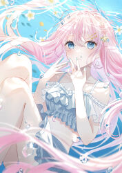 1girl absurdres ahoge air_bubble aqua_eyes aqua_nails bare_shoulders bikini blue_bikini blurry blurry_foreground blush bubble caustics commentary english_commentary feet_out_of_frame floating_hair flower frilled_tankini hair_between_eyes hair_ornament hairclip half_crown_braid highres knees_up layered_bikini long_hair looking_at_viewer original pink_hair ruruka_003 see-through_clothes shell_hair_ornament sidelocks star_(symbol) star_hair_ornament swimsuit tankini underwater very_long_hair white_flower