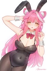 1girl absurdres alternate_costume amaterasu_(artist) animal_ear_fluff animal_ears bare_shoulders black_leotard black_pantyhose bow breasts cleavage collar covered_navel detached_collar extra_ears hair_intakes highres hololive hololive_english large_breasts leotard long_hair looking_at_viewer multicolored_hair panther_ears panther_girl pantyhose pink_bow pink_hair pink_nails playboy_bunny rabbit_ears raora_panthera simple_background sleeveless solo streaked_hair virtual_youtuber white_background white_collar white_hair wrist_cuffs yellow_eyes