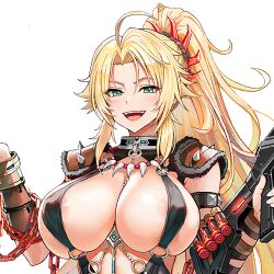1girl ammunition areola_slip arm_guards armlet barbarian barbariana_(last_origin) black_dress blonde_hair blush breasts chain chain_around_arm cleavage collar dress female_focus forehead game_cg green_eyes gun hair_between_eyes hair_ornament hair_tuft high_ponytail holding holding_gun holding_weapon huge_breasts jewelry last_origin long_hair looking_at_viewer necklace o-ring official_art open_mouth ponytail revealing_clothes shiny_skin shoulder_pads shoulder_spikes skindentation sleeveless sleeveless_dress smile spiked_armlet spikes taesi teeth tooth_necklace transparent_background upper_body upper_teeth_only weapon
