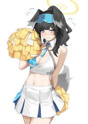 1girl animal_ears bare_shoulders black_hair blue_archive breasts cheerleader cleavage commentary_request cowboy_shot dog_ears dog_girl dog_tail eyewear_on_head flying_sweatdrops goggles goggles_on_head grey_eyes halo hand_up hibiki_(blue_archive) hibiki_(cheer_squad)_(blue_archive) highres holding holding_pom_poms looking_at_viewer midriff millennium_cheerleader_outfit_(blue_archive) mixed-language_commentary name_tag navel official_alternate_costume oregano_(olgn_eao) pom_pom_(cheerleading) pom_poms shy simple_background skirt solo sports_bra star_sticker sticker_on_face sweatdrop tail text_print two-tone_sports_bra white_background white_skirt yellow_halo