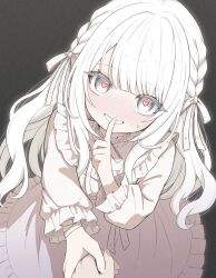 1boy 1girl absurdres blush braid dress finger_to_mouth grey_eyes grin heart heart-shaped_pupils highres holding_hands mamiro original pink_pupils pov smile solo_focus symbol-shaped_pupils teeth upper_body white_dress white_hair