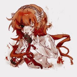 1girl black_gloves blood blood_in_hair blood_on_clothes blood_on_face bow collared_shirt cropped_torso dress_shirt fingerless_gloves gloves hair_bow hairband highres ishmael_(project_moon) limbus_company liu_association_south_uniform necktie project_moon red_necktie shirt simple_background solo upper_body white_background white_shirt wince yiyou_ill