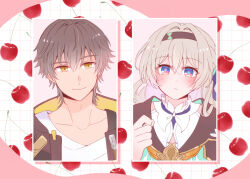 Rule 34 | 1boy, 1girl, apple, blue ribbon, blush, brown hairband, brown jacket, brown pupils, caelus (honkai: star rail), closed mouth, collarbone, collared shirt, cropped jacket, firefly (honkai: star rail), food, fruit, green pupils, grey hair, hair between eyes, hair intakes, hair ribbon, hairband, honkai: star rail, honkai (series), jacket, multicolored eyes, neckerchief, nekozawa, open clothes, open jacket, orange neckerchief, ribbon, shirt, trailblazer (honkai: star rail), two-tone eyes, white shirt, yellow eyes