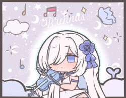 1girl azur_lane bikini blue_choker blue_flower bow_(music) brennus_(azur_lane) brennus_(musician_on_blade&#039;s_precipice)_(azur_lane) character_name chibi choker cloud flower futaba_(anti_clockwise) hair_flower hair_ornament hair_over_one_eye holding holding_instrument holding_violin instrument long_hair moon_(symbol) music musical_note nejikirio_(style) official_alternate_costume playing_instrument solo sparkle star_(symbol) swimsuit very_long_hair violin white_bikini white_hair