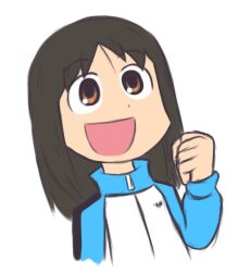 1girl :d arawi_keiichi_(style) azumanga_daiou blue_jacket boltthelegend brown_eyes brown_hair city_(arawi_keiichi) clenched_hand commentary cropped_torso dot_nose english_commentary hand_up happy jacket kasuga_ayumu long_hair multicolored_jacket open_mouth parody raised_fist simple_background smile solo style_parody track_jacket two-tone_jacket upper_body white_background white_jacket yotsubato!