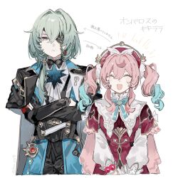 1boy 1girl anaxa_(honkai:_star_rail) aqua_hair beret black_jacket crossed_arms dress gradient_hair hat highres honkai:_star_rail honkai_(series) hyacine_(honkai:_star_rail) jacket medium_hair multicolored_hair pink_hair red_dress red_hat shima_(vivi_do) side_ponytail simple_background translation_request twintails two-tone_hair white_background