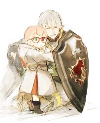1boy 1girl black_boots blue_eyes boots cat_earth2 closed_mouth commentary elezen elf final_fantasy final_fantasy_xiv glasses grey_hair hair_between_eyes haurchefant_greystone heterochromia highres holding holding_shield hood hood_down hooded_robe lalafell parted_lips pink_hair pointy_ears red_eyes robe shield sketch smile symbol-only_commentary warrior_of_light_(ff14) white_mage_(final_fantasy) white_robe