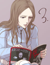 1girl belt blue_eyes brown_hair countdown cover denim long_hair magazine_(object) magazine_cover pink_lips pink_nails reading shin_megami_tensei shin_megami_tensei_iii:_nocturne sitting solo tachibana_chiaki_(megami_tensei) upper_body watabashi_yf zipper