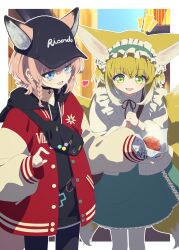 2girls absurdres animal_ears aqua_hairband aqua_skirt arknights baseball_cap blonde_hair blue_eyes cardigan colored_tips ears_through_headwear extra_ears food fox_ears fox_girl fox_tail frilled_hairband frills green_eyes hairband hat highres jacket kitsune kyuubi long_hair long_sleeves minowa_sukyaru multicolored_hair multiple_girls multiple_tails official_alternate_costume pink_hair puffy_long_sleeves puffy_sleeves short_hair skirt sussurro_(arknights) sussurro_(travel_freely)_(arknights) suzuran_(arknights) suzuran_(spring_praise)_(arknights) tail white_cardigan white_hair