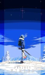 1girl :d axe backpack bag black_gloves blood blood_on_face bloody_weapon blue_jacket blue_ribbon blue_sky breath cold dual_wielding facing_up from_side fur-trimmed_jacket fur_trim gloves gun hair_ribbon highres holding holding_axe holding_gun holding_weapon hololive hood hood_down hooded_jacket hoshimachi_suisei jacket legs_together long_hair long_sleeves mountain nasu_(nasu8901) open_mouth pants pine_tree profile project_winter ribbon shotgun side_ponytail sky smile snow solo star_(sky) tree virtual_youtuber weapon white_pants wide_shot winter