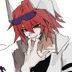 1boy aotu_world black_shirt chinese_commentary collarbone eyes_visible_through_hair eyewear_on_head goggles goggles_on_head grin hair_between_eyes hand_on_own_chin hand_up headgear highres jacket looking_at_viewer male_focus open_clothes parted_lips pius_(aotu_world) red_eyes red_hair scar scar_on_face sharp_teeth shirt short_hair simple_background sketch smile solo speech_bubble teeth upper_body white_background white_jacket yuanlu75656