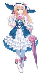 Rule 34 | 1girl, :d, animal, bird, bird on hand, blonde hair, blush, boots, breasts, closed umbrella, commentary request, dress, female focus, flower, full body, hair between eyes, hat, hat flower, kavka, lace-up boots, lolita fashion, long hair, long sleeves, looking at viewer, medium breasts, open mouth, original, pantyhose, pink flower, pink rose, pink umbrella, purple eyes, rose, simple background, smile, solo, standing, umbrella, white background, white boots, white dress, white hat, white pantyhose, wide sleeves