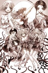 6+girls absurdres angel angel_wings animal_ears arrow_(projectile) aya_carmine body_horror bow_(weapon) breasts cat_ears cat_girl cat_tail cigarette clothes_down collared_shirt drawing_bow expressionless flower_wings formal_clothes frown full_body glasses greyscale hair_ornament hair_ribbon hairclip highres holding holding_arrow holding_bow_(weapon) holding_cigarette holding_pen holding_weapon kneehighs lab_coat leaf_wings long_hair looking_at_viewer medium_breasts meguro_miyuki millipen_(medium) monochrome multiple_girls neck_ribbon oomori_tonae open_mouth paw_pose pen pen_(medium) plant_wings pleated_skirt ribbon sayonara_wo_oshiete school_uniform shirt shoes short_hair skirt smile snake socks sugamo_mutsuki suit tail takada_nozomi takashima_semina tamachi_mahiru tendril tentacles thighhighs traditional_media twintails ueno_koyori underbust uwabaki vest wavy_hair weapon wings zettai_ryouiki