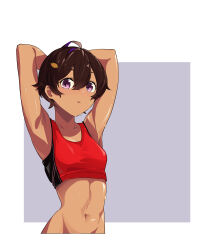 1girl absurdres armpits arms_behind_head arms_up black_hair border collarbone commentary dark-skinned_female dark_skin highres looking_at_viewer make_heroine_ga_oo_sugiru! navel outside_border presenting_armpit purple_eyes red_sports_bra ruiki_(yuaa3578) short_hair simple_background solo sports_bra sweat sweatdrop toned toned_female white_border yakishio_lemon