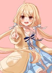 1girl :d ahoge blonde_hair blue_dress blush bow brown_eyes brown_jacket collarbone commentary_request dress futaba_anzu hair_bow highres idolmaster idolmaster_cinderella_girls idolmaster_cinderella_girls_starlight_stage jacket long_hair long_sleeves looking_at_viewer low_twintails open_clothes open_jacket open_mouth pink_background plaid_clothes plaid_dress puffy_long_sleeves puffy_sleeves rino_cnc sailor_collar sailor_dress simple_background small_sweatdrop smile solo striped_bow sweat twintails v-shaped_eyebrows very_long_hair white_sailor_collar