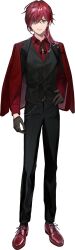 1boy black_gloves black_pants black_ribbon black_vest cocokanata collared_shirt full_body gloves green_eyes hair_between_eyes hand_on_own_hip highres jacket jacket_on_shoulders jewelry lauren_iroas lauren_iroas_(4th_costume) long_hair long_sleeves looking_at_viewer male_focus neck_ribbon nijisanji official_alternate_costume official_art pants red_hair red_jacket red_shirt red_shoes ribbon ring shirt shoes solo tachi-e transparent_background vest virtual_youtuber