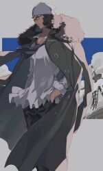 1boy ascot beard_stubble black_ascot black_hair blue_sky closed_mouth coat coat_on_shoulders commentary emoji facial_hair hand_in_pocket hat highres kuzan_(aokiji) male_focus one_piece paruma_umu profile shirt sky solo stubble symbol-only_commentary twitter_username white_shirt