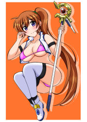 Rule 34 | 1girl, ass, bikini, blue eyes, blush, breasts, brown hair, cleavage, closed mouth, collarbone, highres, kunisaki-air, large breasts, long hair, looking at viewer, lyrical nanoha, magical girl, mahou shoujo lyrical nanoha strikers, ponytail, raising heart, solo, swimsuit, takamachi nanoha, thighhighs, white thighhighs