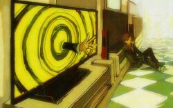 Rule 34 | 2boys, black jacket, black pants, brown eyes, brown hair, checkered floor, closed mouth, commentary, hanamura yousuke, headphones, headphones around neck, jacket, long sleeves, male focus, multiple boys, narukami yu, noisy9p, on floor, open clothes, open jacket, pants, persona, persona 4, school uniform, shoes, sitting, television, through medium, through screen