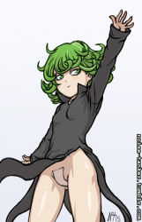 1girl arm_up bad_id bad_tumblr_id black_dress breasts cowboy_shot curly_hair dress female_focus green_eyes green_hair high_collar maebari matching_hair/eyes noise_tanker one-punch_man short_hair small_breasts solo tatsumaki thighs upskirt