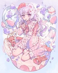 1girl animal_ears apron arm_on_own_leg bear_ears blunt_bangs cake collarbone commentary detached_sleeves dress drinking flower food frilled_shirt_collar frills from_above from_side fruit grey_hair hair_ornament hat heart heart-shaped_pupils high_heels highres holding holding_jar jar long_hair long_sleeves looking_at_viewer milk_carton mirror neckerchief original pink_dress puffy_long_sleeves puffy_sleeves purple_eyes purple_flower purple_petals red_footwear red_neckerchief sitting solo strawberry stuffed_animal stuffed_toy symbol-only_commentary symbol-shaped_pupils teddy_bear tsukumi_bis wariza white_apron window
