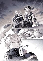 2boys bakugou_katsuki boku_no_hero_academia cape freckles greyscale highres holding_hands interlocked_fingers large_pectorals looking_at_another lycik_98 male_focus midoriya_izuku monochrome multiple_boys muscular muscular_male open_mouth pectorals scar scar_on_face short_hair simple_background skin_tight sky smile superhero_costume yaoi