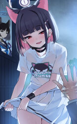 2girls absurdres animal_ears blue_archive cat_ears colored_inner_animal_ears colored_inner_hair extra_ears halo highres kazusa_(band)_(blue_archive) kazusa_(blue_archive) kikyou_(blue_archive) mask mi_taro333 mouth_mask multicolored_hair multiple_girls pink_halo pov pov_hands see-through_clothes wet wet_clothes