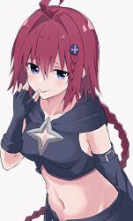 Rule 34 | 1girl, \//, ahoge, as buppa, black gloves, black shirt, blue eyes, blush, braid, breasts, cleavage, cleavage cutout, clothing cutout, collarbone, commentary, crop top, detached sleeves, gloves, grey background, hair intakes, hair ornament, hairclip, hand on own face, highres, hood, hooded shirt, kurosaki mea, looking at viewer, medium breasts, midriff, navel, partially fingerless gloves, purple hair, shirt, short hair with long locks, side braid, silver trim, simple background, single detached sleeve, solo, star cutout, to love-ru, to love-ru darkness, tongue, tongue out, upper body