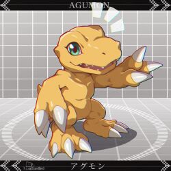 agumon character_name commentary dclaret digimon digimon_(creature) full_body green_eyes grey_background highres holographic_interface kuramon lizard no_humans orange_scales parted_lips sharp_teeth solo symbol-only_commentary teeth translated
