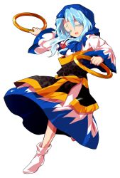 1girl alphes_(style) arm_up blue_hair blue_hood clenched_hands closed_eyes commentary_request crying dairi dress full_body hands_up holding holding_hoop hood hood_up hoop jewelry kesa kumoi_ichirin large_variant_set long_hair long_sleeves looking_at_viewer multicolored_dress necklace parody pendant socks solo standing style_parody tachi-e touhou transparent_background variant_set wide_sleeves