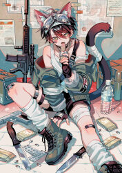 Rule 34 | 1boy, absurdres, ahoge, animal ear fluff, animal ears, bandaged leg, bandaged tail, bandages, bandaid, bandaid on knee, bandaid on leg, bare shoulders, black gloves, black shorts, blush, boots, bottle, brown hair, cat boy, cat ears, cat tail, commentary request, eating, fingerless gloves, food, foot out of frame, gloves, goggles, goggles on head, green boots, green eyes, green jacket, gun, hair between eyes, highres, holding, holding food, indoors, jacket, knife, lace-up boots, long sleeves, looking at viewer, loose socks, male focus, multiple thigh straps, off shoulder, open clothes, open jacket, open mouth, original, short hair, shorts, sitting, socks, solo, suzaku (zaku6584), tail, tank top, water bottle, weapon, white socks, white tank top