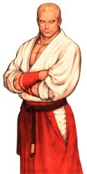 1boy blonde_hair blue_eyes capcom_vs_snk crossed_arms dougi fatal_fury game_cg geese_howard hakama hakama_skirt highres japanese_clothes light_smile looking_to_the_side male_focus martial_arts_belt mori_toshiaki muscular non-web_source official_art red_hakama skirt solo wrist_guards