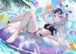 1girl absurdres alternate_costume ankle_ribbon ball balloon barefoot beachball bikini black_bikini black_hairband blue_archive blush breasts building chiu538 closed_mouth cloud day earclip flower grey_hair hair_flower hair_ornament hair_tubes hairband halo highres himari_(blue_archive) innertube leg_ribbon long_hair looking_at_viewer mole mole_under_eye navel outdoors pointy_ears pool purple_eyes ribbon sky small_breasts solo sunglasses swim_ring swimsuit thigh_ribbon white_hair white_halo
