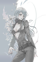 Rule 34 | 1girl, belt, blue eyes, blue hair, bodysuit, breasts, center opening, cleavage, closed mouth, collar, collarbone, devil summoner: soul hackers, devil summoner (series), flower, highres, lipstick, long hair, makeup, nail polish, nemissa, pale skin, ryokuyuu, smile, solo, zipper