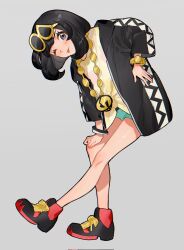 1girl black_hair blue_eyes blush cosplay eyewear_on_head fua1heyvot4ifsr green_shorts guzma_(pokemon) guzma_(pokemon)_(cosplay) highres jacket jewelry looking_at_viewer necklace nintendo one_eye_closed pokemon pokemon_sm selene_(pokemon) shirt short_hair short_sleeves shorts smile sunglasses t-shirt team_skull team_skull_uniform tied_shirt tongue tongue_out watch wristwatch yellow-framed_eyewear yellow_shirt