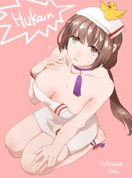 black_hair blush boots breasts brown_eyes cleavage ii_naotora kneeling large_breasts legs long_hair looking_up mole mole_on_breast rubber_duck sengoku_musou thighs towel twintails