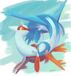 1boy 1girl artist_name brother_and_sister claws closed_mouth dragon floating gen_3_pokemon highres keruasu0629 latias latios legendary_pokemon nintendo no_humans pokemon pokemon_(creature) red_eyes siblings wings yellow_eyes