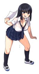 1girl black_hair blush breasts cleavage collarbone diagonal-striped_clothes diagonal-striped_necktie dripping dripping_sweat fanning_self full_body highres kneehighs large_breasts loose_necktie maruput necktie open_mouth original pleated_skirt school_uniform see-through_clothes simple_background skirt socks solo striped_clothes sweat very_sweaty wet wet_clothes white_background