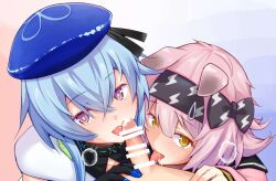 1girl 2boys animal_ears arknights bar_censor bisexual_male black_bow black_collar black_gloves black_hairband black_ribbon blue_background blue_hair blue_hat blush bow boy_and_girl_sandwich breath bright_pupils cat_ears cat_girl censored clothed_female_nude_male clothed_male_nude_male clothed_sex collar commentary_request cooperative_fellatio creator_connection cropped crossed_bangs erection fellatio floppy_ears from_above gloves goldenglow_(arknights) gradient_background group_sex hair_between_eyes hair_bow hairband hat hat_ribbon infection_monitor_(arknights) jpeg_artifacts licking licking_penis lightning_bolt_print lightning_bolt_symbol long_sleeves looking_at_viewer marianne_hanako mizuki_(arknights) mmf_threesome multiple_boys nude oral penis pink_background pov pov_crotch print_bow print_hairband purple_eyes ribbon saliva saliva_trail sandwiched short_hair_with_long_locks teamwork_(sexual) textless_version threesome tongue tongue_out trap variant_set white_pupils yellow_eyes