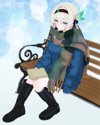 1girl black_boots black_hairband blue_coat blush book boots coat firefly_(honkai:_star_rail) gradient_eyes green_pupils grey_hair hair_between_eyes hair_intakes hair_ornament hair_ribbon hairband highres holding holding_book honkai:_star_rail honkai_(series) multicolored_eyes multicolored_scarf on_bench open_mouth ribbon scarf sitting solo tapioca_1022 teeth winter