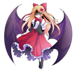 1girl alphes_(style) bat_wings black_shoes black_vest blonde_hair bow bowtie collared_shirt commentary_request dairi elis_(touhou) facial_mark flower frilled_skirt frills full_body hair_bow hair_flower hair_ornament half-closed_eyes holding holding_wand large_variant_set left-handed loafers long_hair long_skirt long_sleeves looking_at_viewer mark_under_eye open_clothes open_vest parody parted_lips pointy_ears puffy_long_sleeves puffy_sleeves purple_eyes red_bow red_bowtie red_skirt shaded_face shirt shoes simple_background skirt smile socks solo star_(symbol) style_parody tachi-e touhou touhou_(pc-98) transparent_background variant_set vest wand white_shirt white_socks wings