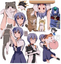 ayanami_rei bendedede blue_hair bodysuit cat eva_00 evangelion:_3.0+1.0_thrice_upon_a_time highres interface_headset_(evangelion) kirby kirby_(series) mecha_pilot_suit neon_genesis_evangelion nintendo plugsuit_(evangelion) rebuild_of_evangelion red_eyes school_uniform simple_background skirt suspender_skirt suspenders tokyo-3_middle_school_uniform variations white_background