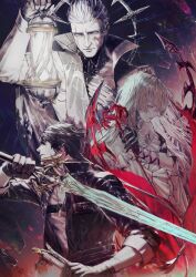 Rule 34 | 1girl, 2boys, black gloves, black hair, black jacket, closed mouth, collared jacket, commentary request, cracked skin, dress, fenrico (wuthering waves), flower, gloves, grey hair, grey shirt, hand on own chest, highres, holding, holding flower, holding lamp, holding sheath, holding sword, holding weapon, jacket, long hair, looking at viewer, male rover (wuthering waves), multiple boys, open clothes, open jacket, phrolova (wuthering waves), rover (wuthering waves), sheath, shirt, spider lily, sword, unsheathed, weapon, white dress, wuthering waves, yellow eyes, yoshi (houndbell)
