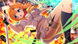 asuka_(senran_kagura) asuka_(senran_kagura)_(cosplay) attack_trail aura belt_pouch black_socks blue_eyes blurry buttons cosplay day depth_of_field detached_sleeves double-breasted dutch_angle explosion feet_out_of_frame from_above game_cg gloves hanzou_academy_school_uniform highres higurashi_no_naku_koro_ni higurashi_no_naku_koro_ni_mei holding holding_sword holding_weapon holster junk kneehighs knees_up kunai lens_flare looking_to_the_side miniskirt navel non-web_source official_art open_mouth orange_hair pleated_skirt pouch red_scarf ryuuguu_rena scarf school_uniform shirt short_hair short_sleeves skirt socks sparkle sword thigh_holster unused_tire v-shaped_eyebrows weapon white_gloves white_shirt white_skirt