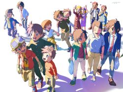 Rule 34 | aged up, bandana, black hair, black jacket, black pants, blonde hair, blue bandana, blue jacket, blue jumpsuit, brothers, brown hair, digimon, digimon frontier, goggles, goggles on head, green jacket, group picture, highres, himi tomoki, jacket, jumpsuit, kanbara takuya, kato (digiyuzu), kimura kouichi, long hair, minamoto kouji, mother and son, necktie, orimoto izumi, pants, red jacket, red necktie, shibayama junpei, shirt, short hair, siblings, simple background, time paradox, v, white background, white shirt, yellow shirt