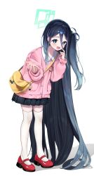 1girl :d absurdly_long_hair absurdres alternate_costume aqua_halo aris_(blue_archive) bag bag_charm black_hair black_skirt blue_archive blue_eyes buttons cardigan character_charm charm_(object) commentary_request full_body hair_between_eyes halo highres hyurumari kei_(robot)_(blue_archive) kindergarten_uniform leaning_forward long_bangs long_hair long_sleeves looking_at_viewer mary_janes miniskirt one_side_up open_mouth outstretched_arm pink_cardigan pleated_skirt pocket puffy_long_sleeves puffy_sleeves red_shoes shadow shoes shoulder_bag sidelocks skirt smile solo standing tareme thighhighs very_long_hair white_thighhighs yellow_bag