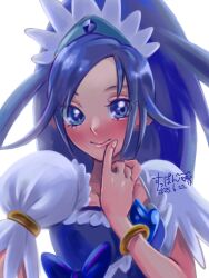 Rule 34 | 1girl, artist name, blue bow, blue dress, blue eyes, blue hair, bow, bracelet, brooch, choker, crystal earrings, cure diamond, dated, dokidoki! precure, dress, earrings, finger to mouth, hair ornament, heart, heart brooch, high ponytail, hishikawa rikka, jewelry, lips, long hair, magical girl, ponytail, precure, smile, solo, suppon222239, tiara, upper body, waist bow, white background